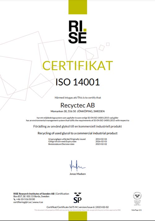 Recyctec ISO 14001 certifikat